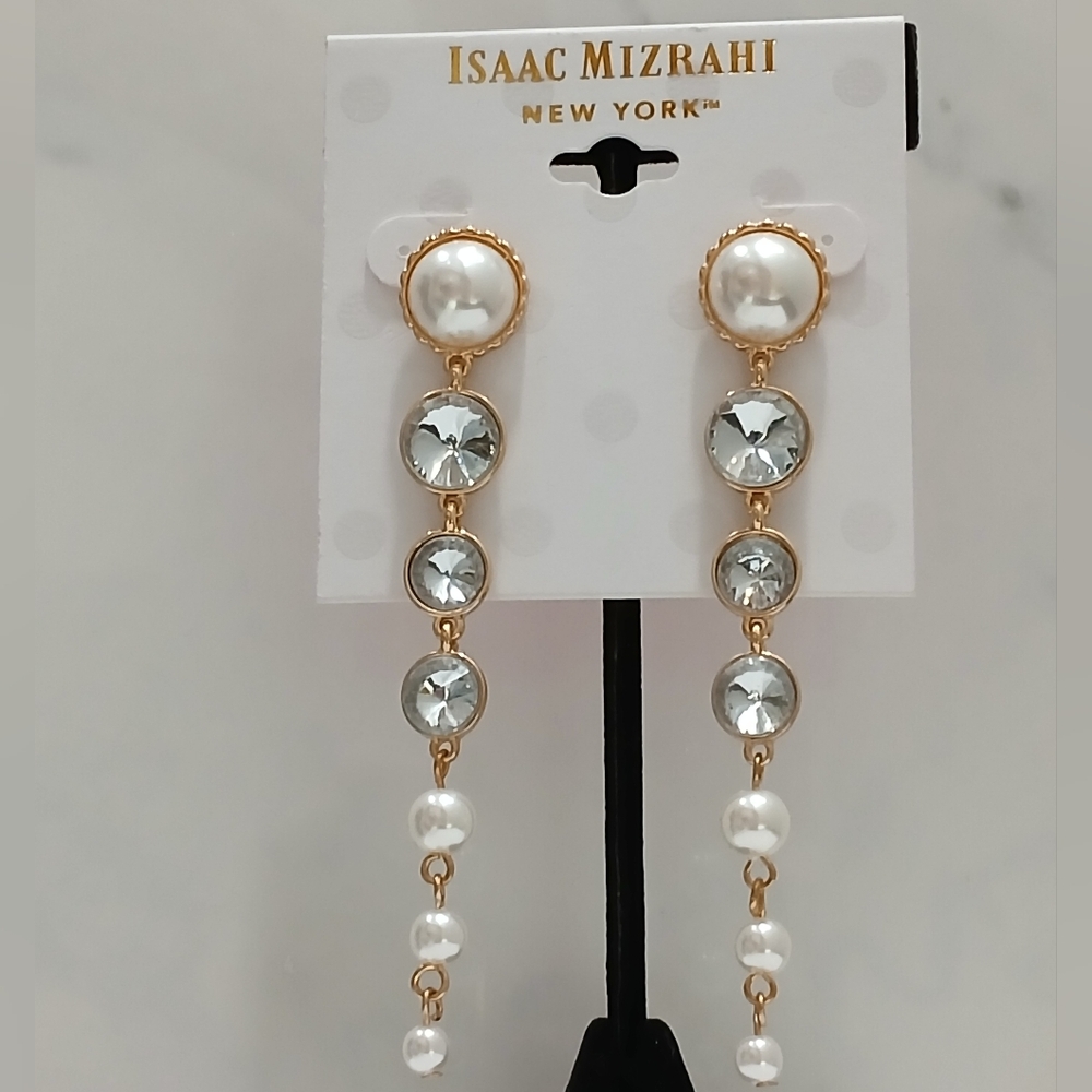 Pearl Crystal Cascading Tiered Earrings Isaac Mizrah NWT